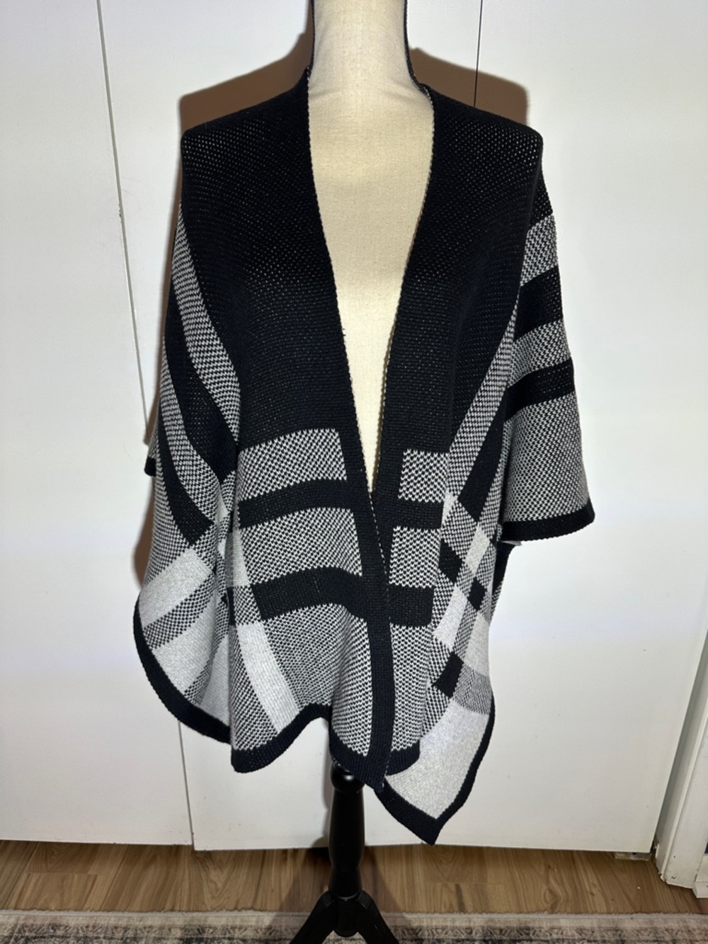 Black & White Open Front Knit Poncho Sweater
